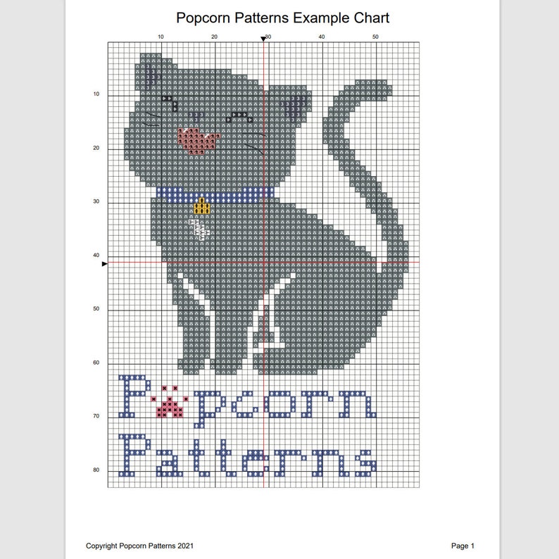 Puede incluir: Un gato gris con un collar azul y una campanita amarilla se sienta en una cuadr&iacute;cula blanca. El gato tiene una nariz roja y una lengua rosa. El texto "Popcorn Patterns" est&aacute; debajo del gato en letras azules con una huella de pata roja.
