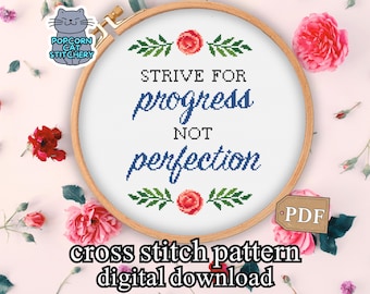 Mental Health Cross Stitch Pattern: Progress Not Perfection (PDF Download)