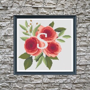 Wedding cross stitch, Monogram letter S Roses flowers Modern cross stitch pattern, floral xstitch, nursery cross stitch, baby shower gift