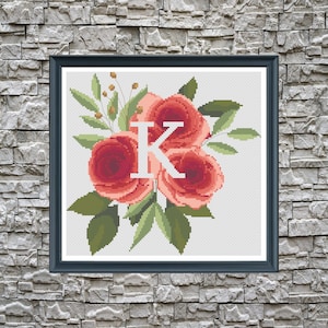 Wedding cross stitch, Monogram letter K Roses flowers Modern cross stitch pattern, floral xstitch, nursery cross stitch, baby shower gift