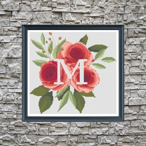 Wedding cross stitch, Monogram letter M Roses flowers Modern cross stitch pattern, floral xstitch, nursery cross stitch, baby shower gift
