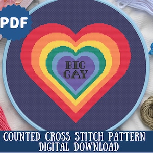 Pride Big Gay Cross Stitch Pattern | LGBTQIA+ Pride Rainbow Heart Embroidery | Funny Cross Stitch Pattern| Queer art Digital Download