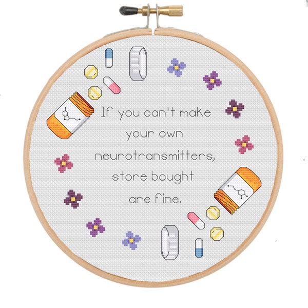 Store Bought Neurotransmitters Cross Stitch Pattern, funny cute cross stitch PDF, mental health self care cross stitch design download