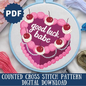 Wzór haftu krzyżykowego Good Luck Babe | Fan art Chappell Roan | haft krzyżykowy vintage heart cake | sztuka queer
