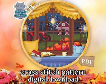 Pumpkin Cozy Cross Stitch Pattern PDF – Autumn Self Care Embroidery, Gift for Book Lover,  Instant Digital Download