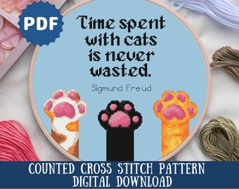 Freud Quote Cat Paw Cross Stitch Pattern: Modern Embroidery (Digital Download)