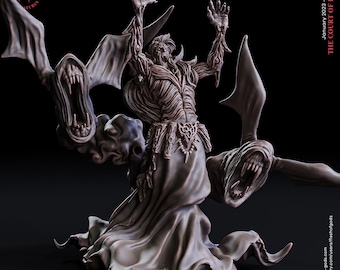 May include: A detailed miniature sculpture of a vampire witch with three heads, standing on a base. The witch is wearing a flowing robe and has a skeletal appearance. The sculpture is painted in shades of gray and brown.