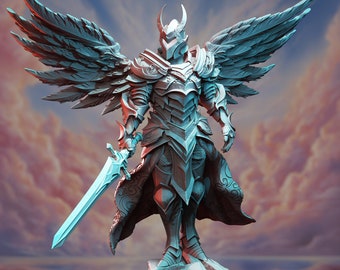 May include: A white, winged, armoured figure stands on a rocky base. The figure holds a sword in its right hand and has a helmet with horns. The figure is against a background of clouds.