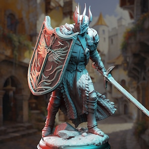 Puede incluir: Una figura en miniatura detallada de un caballero con armadura plateada, sosteniendo una espada y un escudo. El escudo está decorado con un diseño alado y un esquema de color rojo y dorado. El caballero está de pie sobre una base rocosa.