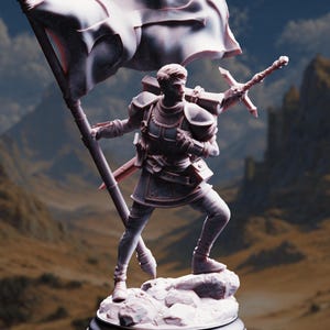 Puede incluir: Figura detallada de un caballero sosteniendo una bandera y una espada. El caballero lleva armadura y está de pie sobre una base rocosa. El fondo muestra un paisaje con montañas y un castillo.