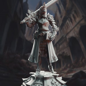 May include: A detailed, grey, 3D printed miniature of a female knight in full armour, holding a sword and a book. The knight is standing on a circular base with intricate details.