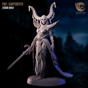 May include: A detailed figurine of a skeletal figure in ornate armour, holding a sword. The figure has large, curved horns and a flowing cape. The base is 25mm. The text "PRE-SUPPORTED" and "25mm BASE" is visible.