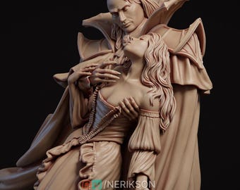 May include: A detailed sculpture of a man and woman in a dramatic embrace. The figures are dressed in period clothing, with the man in a cape and the woman in a flowing gown. The sculpture is in a neutral color.