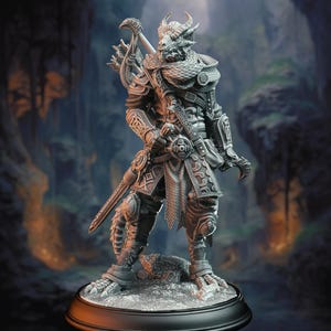 May include: A detailed, gray fantasy figurine of a dragon warrior, standing on a rocky base. The figure is clad in ornate armor, holding a sword and a curved weapon. The dragon-like head features horns and scales.