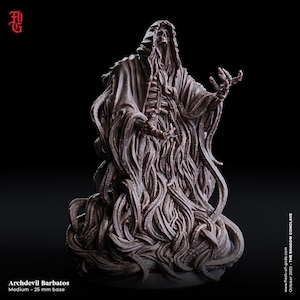 May include: A detailed miniature figure of Archdevil Barbatos, a skeletal figure with a hooded cloak and flowing, tentacle-like appendages. The figure is dark brown and stands on a 25 mm base. The figure is from The Shadow Conclave collection.