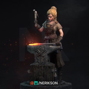 May include: A woman in a brown leather apron and a brown shirt is working at an anvil with a hammer. She is holding a metal rod over a glowing fire. The anvil is on a wooden base with a metal plate on top. The background is dark.