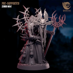 May include: A detailed gray miniature figure of a robed character with a skeletal mask and elaborate headpiece, holding a staff. The figure has spiky wing-like structures and the text "PRE-SUPPORTED 25mm BASE" is visible.