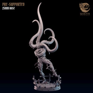 May include: A gray 3D printed miniature of a humanoid figure with multiple tentacles wrapped around its head and body. The figure is standing on a circular base with a broken fence design. The text "PRE-SUPPORTED 25MM BASE" is visible at the top of the image.