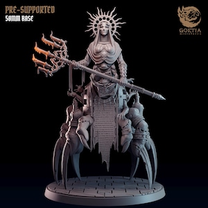 May include: A grey 3D printed miniature of a female figure with a crown of thorns and a halo, riding a creature with multiple legs and claws. The figure holds a staff with a trident-like top. The miniature is pre-supported and comes with a 50mm base.