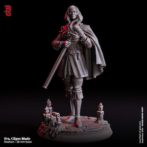 May include: A detailed figurine of a person holding a sword, wearing a cape and boots. The figure stands on a base with candles. The text "Eva, Clipse Blade" and "Medium - 25 mm base" are visible. The figurine is a dark gray color.