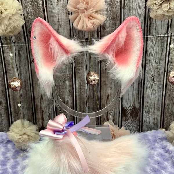 Pink and white wolf Ears and tail Kawaii Soft Pink pastel Mini Husky Ears and Nub Tail Fox Wolf Puppy Dog Ears