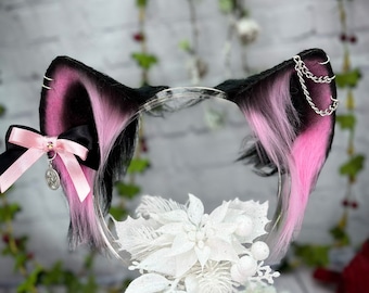 Pink and Black goth cat ears with detachable bows faux fur realistic cat ears