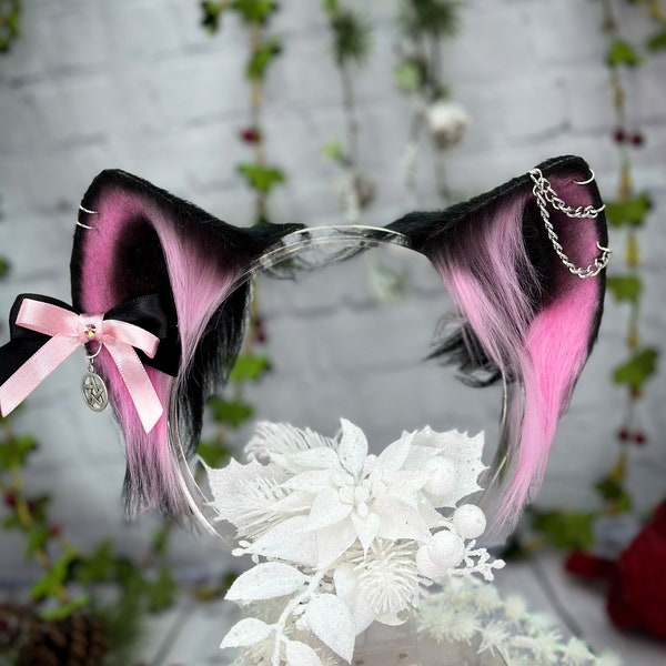 Pink and Black goth cat ears with detachable bows faux fur realistic cat ears