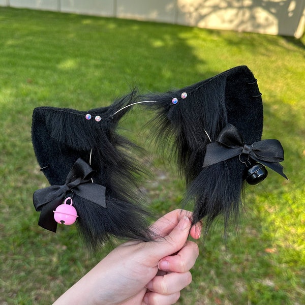 Goth Black Cat Ears Headband with detachable bows cosplay faux fur neko ear headband cosplay neko sfw pet play ears