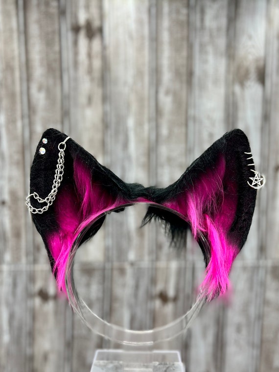 Hot pink and Black Mini Husky Ears with piercings cosplay faux fur wolf dog cosplay pet play ears headband