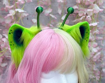 Alien Cat Ears Headband Alien Kemonomimi Cat ears Alien antenna headband Green and Blue Cat Ear Headband  Fantasy Cat Ears