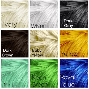 May include: Nine different colour swatches of faux fur fabric. The colours are ivory, white, dark grey, dark brown, baby yellow, yellow, mint, neon green, and royal blue.