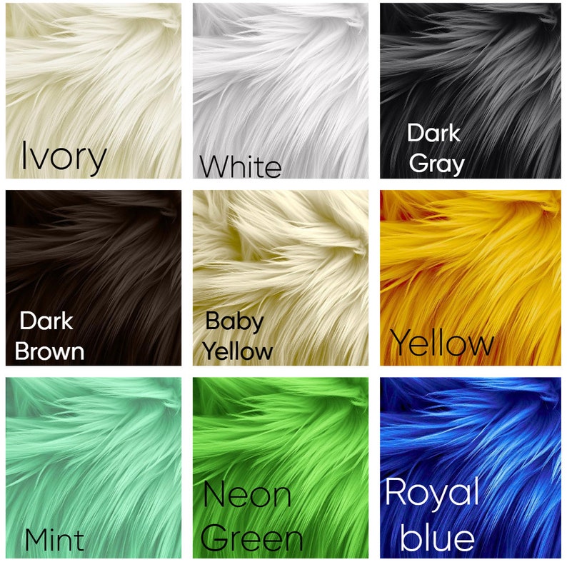 May include: Nine different colour swatches of faux fur fabric. The colours are ivory, white, dark grey, dark brown, baby yellow, yellow, mint, neon green, and royal blue.