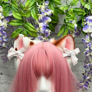 Brown and white cat ears headband calico print cat ears brown spotted cat ear cosplay faux fur ears pet play ears with bows