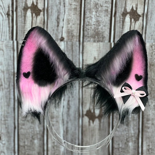 Kawaii Goth Pink and Black Puppy Ears e girl fashion cosplay faux fur ears