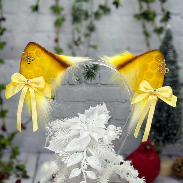 Honeycomb Cat Ears with detachable bows yellow gold honey bee themed neko ears faux fur cat ear headband