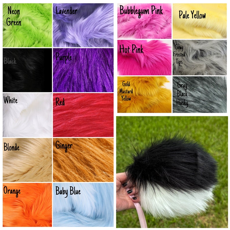May include: A colour chart of faux fur swatches in various colours, including neon green, lavender, bubblegum pink, pale yellow, hot pink, purple, black, white, red, gold mustard yellow, grey frosted tips, grey black husky, blonde, ginger, orange, and baby blue.