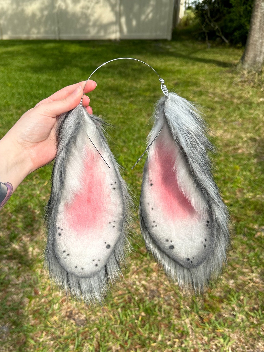 Gray and White Lop Bunny Ears With Tail Realistic Faux Fur Ears Cosplay