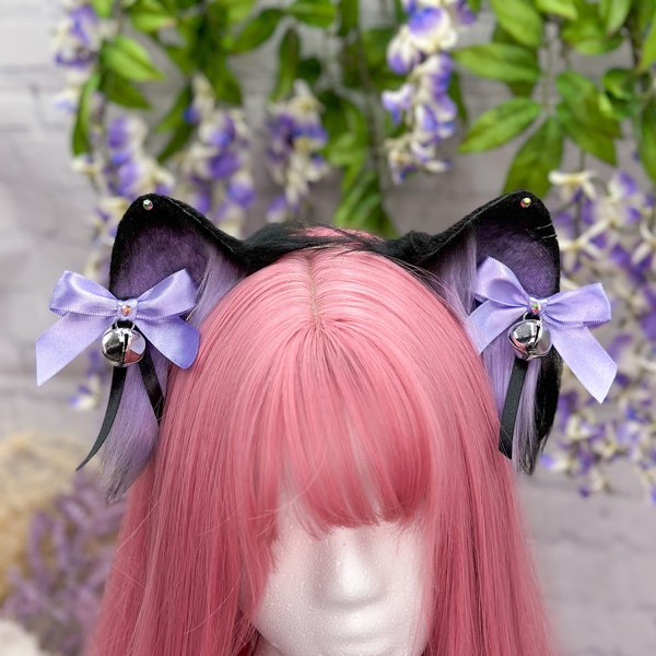 Lavender Purple and Black Cat Ears and tail Cat ears with bows costume cosplay faux fur sfw pet play ears and tail