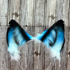 Blue & Black Faux Fur Fox Ears Headband: Cosplay Pet Play