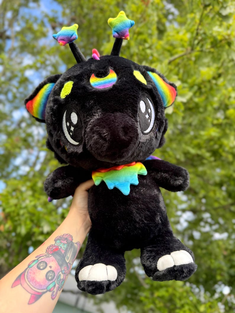 Kemonokinz Kawaii Invaders Plush Alien Cat Doll Soft Toy, Minky Fabric Gift Black Rainbow Gooby