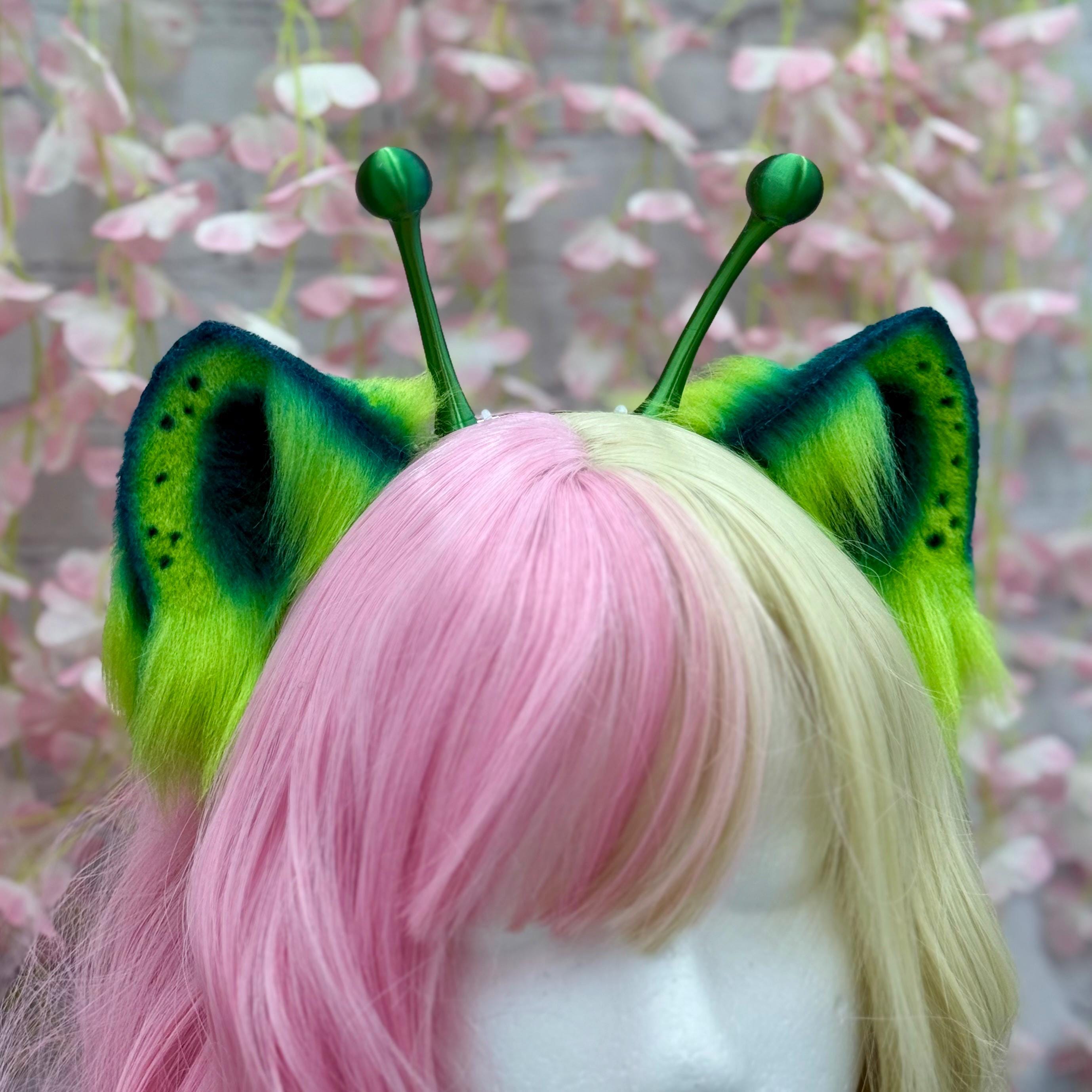 Alien Cat Ears Headband: Green & Blue Kemonomimi Costume with Antenna