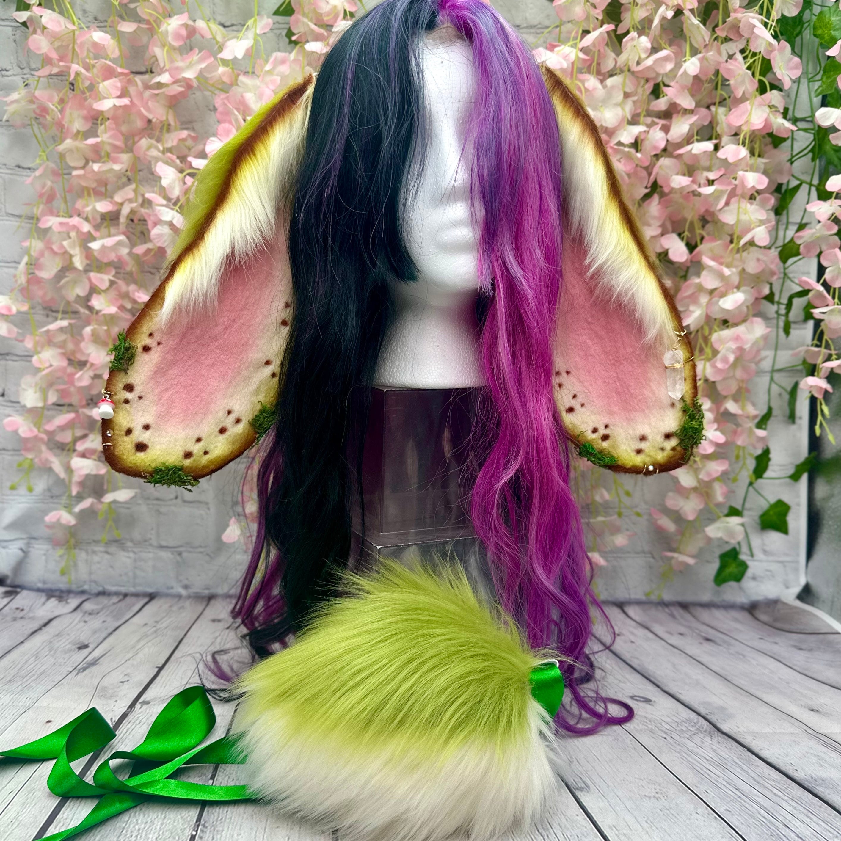 Green Moss Bunny Ear Headband: Quartz Crystal Fairy Cosplay