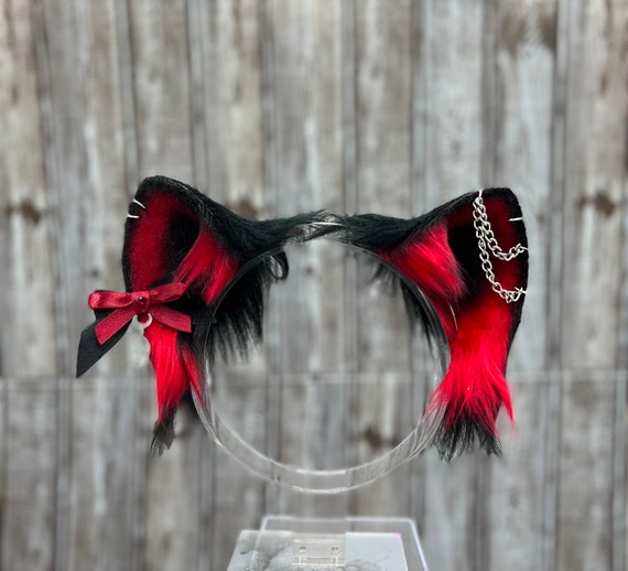 Red and Black goth cat ears with detachable bows faux fur realistic cat ears