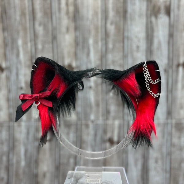 Red and Black goth cat ears with detachable bows faux fur realistic cat ears handmade gothic neko ear headband red black spooky cat ears