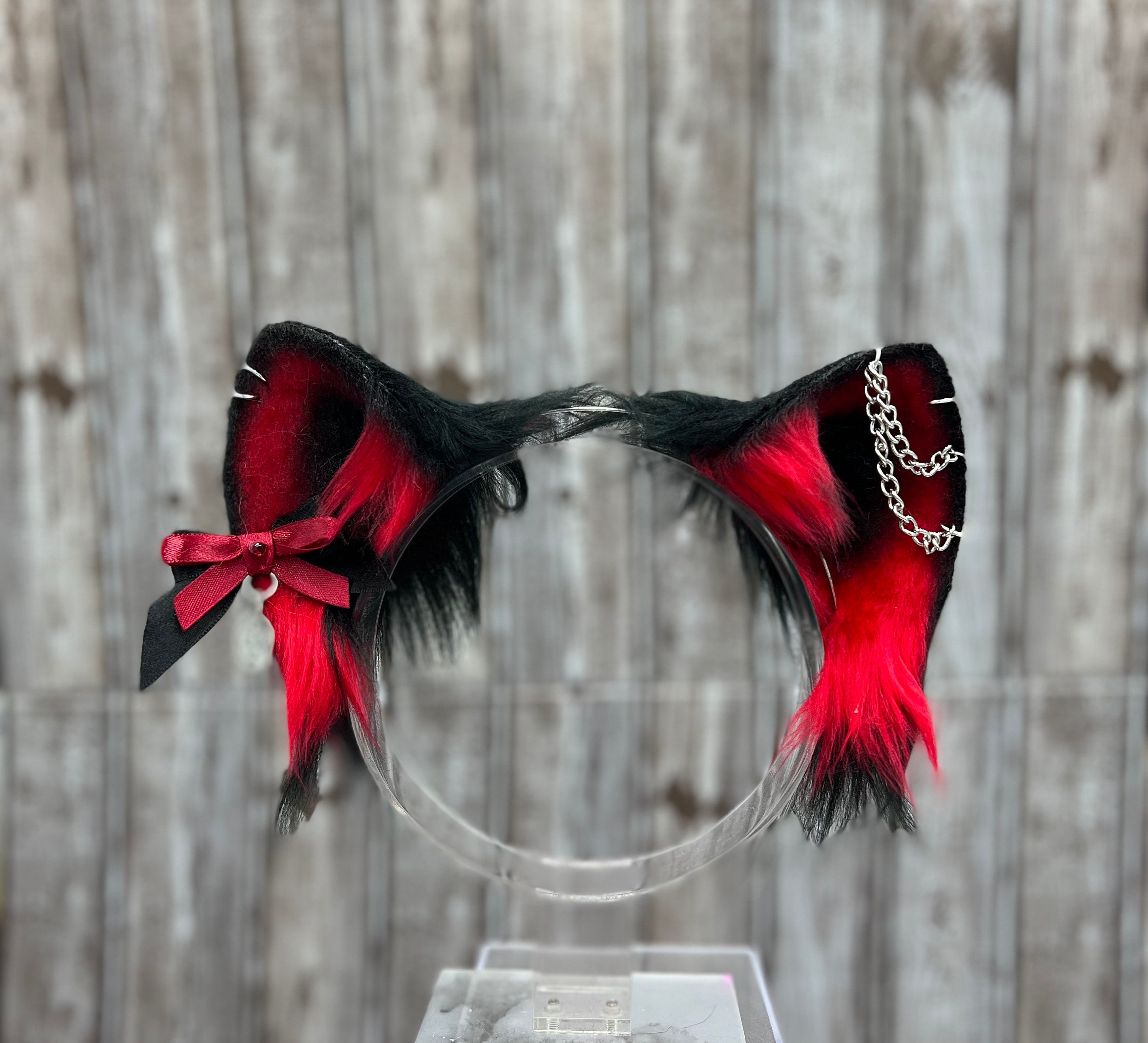 Gothic Cat Ears: Red & Black Faux Fur Neko Headband With  display picture 1