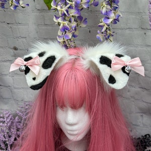 Dalmatian Puppy Ears Headband: Spotted Faux Fur, Bow Cosplay Pup