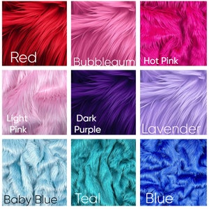May include: Nine fabric swatches in different colours: red, bubblegum pink, hot pink, light pink, dark purple, lavender, baby blue, teal, and blue.