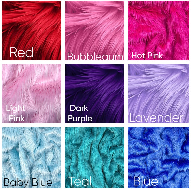 May include: Nine fabric swatches in different colours: red, bubblegum pink, hot pink, light pink, dark purple, lavender, baby blue, teal, and blue.
