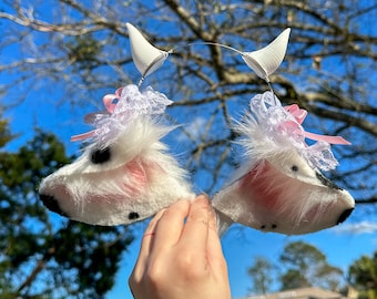 Realistic Cow Ear Headband and Tail With Bows kawaii cow ears with horns goat animal ears with horns faux fur animal ear Headband