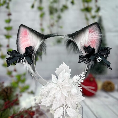 Red and Black Goth Cat Ears With Detachable Bows Faux Fur Etsy
